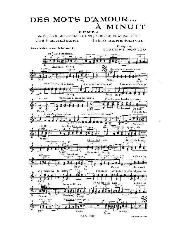 télécharger la partition d'accordéon Des mots d'amour à minuit (De l'opérette : Les gangsters du château d'If) (Chant : Henri Alibert) (Rumba) au format PDF