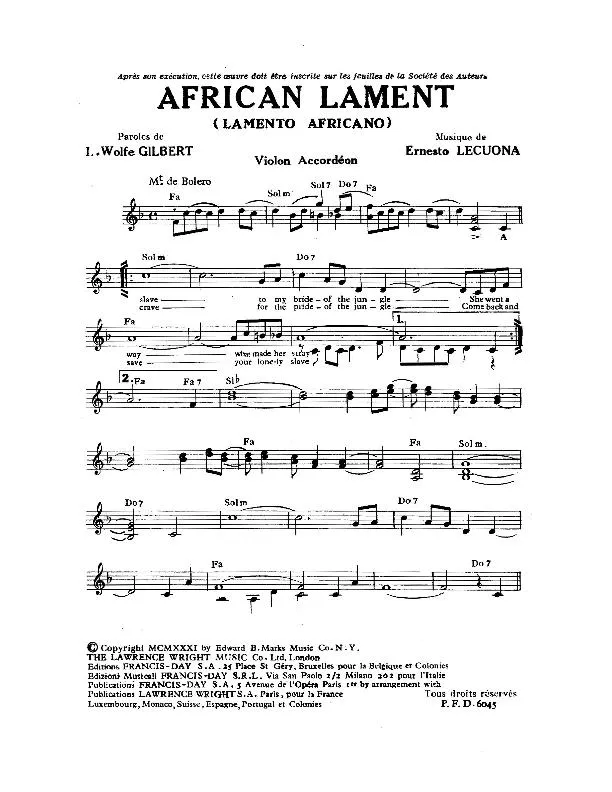 télécharger la partition d'accordéon African Lament (Lamento Africano) (Boléro) au format PDF