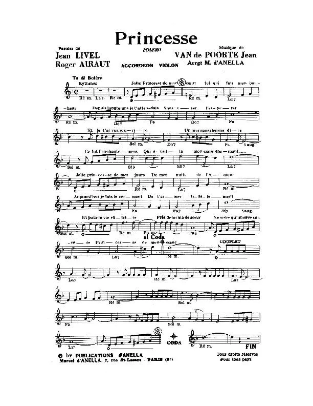 télécharger la partition d'accordéon Princesse (Arrangement : Marcel d'Anella) (Boléro) au format PDF