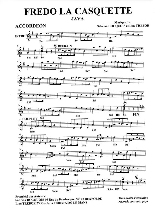 télécharger la partition d'accordéon Frédo la casquette (Java) au format PDF