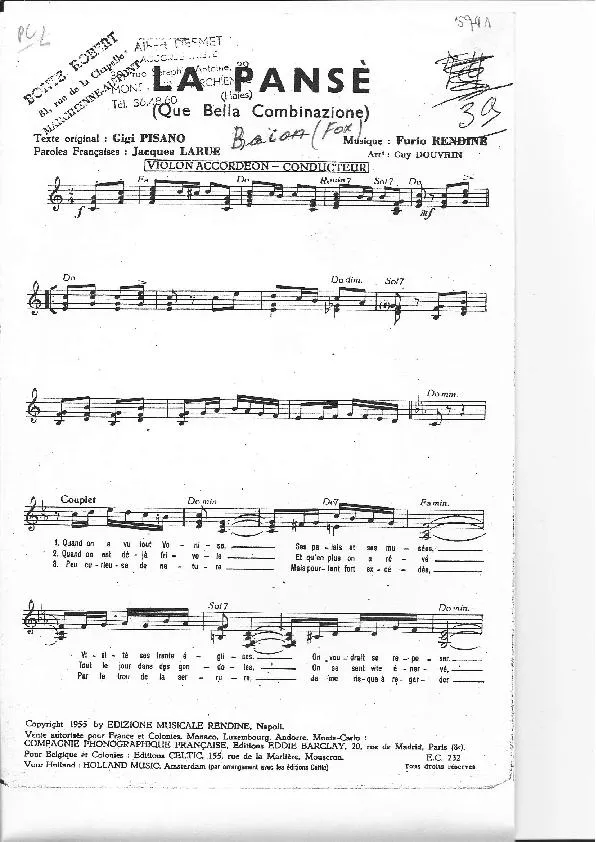 télécharger la partition d'accordéon La Pansè (Que Bella Combinazione) (Arrangement : Guy Douvrin) au format PDF
