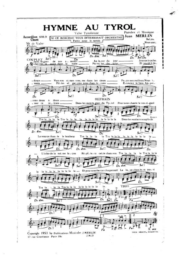 télécharger la partition d'accordéon Hymne au Tyrol (Valse Tyrolienne) au format PDF