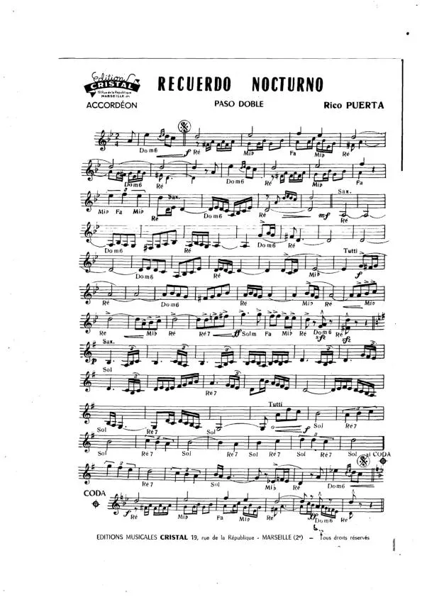télécharger la partition d'accordéon Recuerdo Nocturno (Orchestration) (Paso Doble) au format PDF