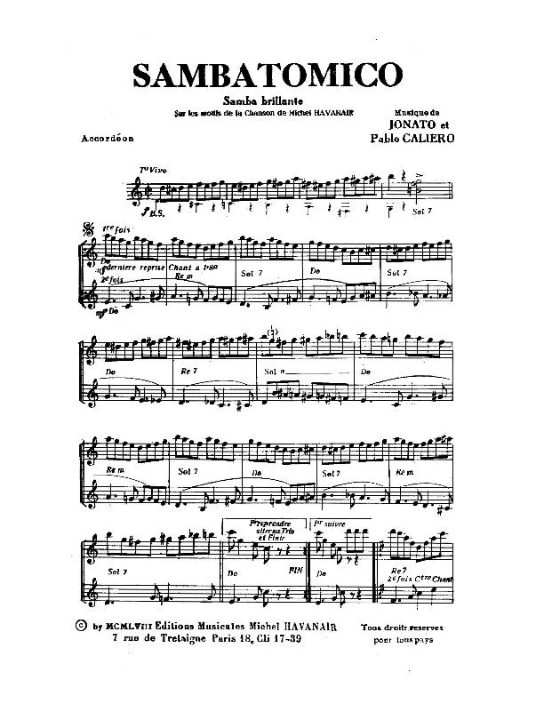 télécharger la partition d'accordéon Sambatomico (Sur les motifs de la chanson de Michel Havanair) (Samba Brillante) au format PDF