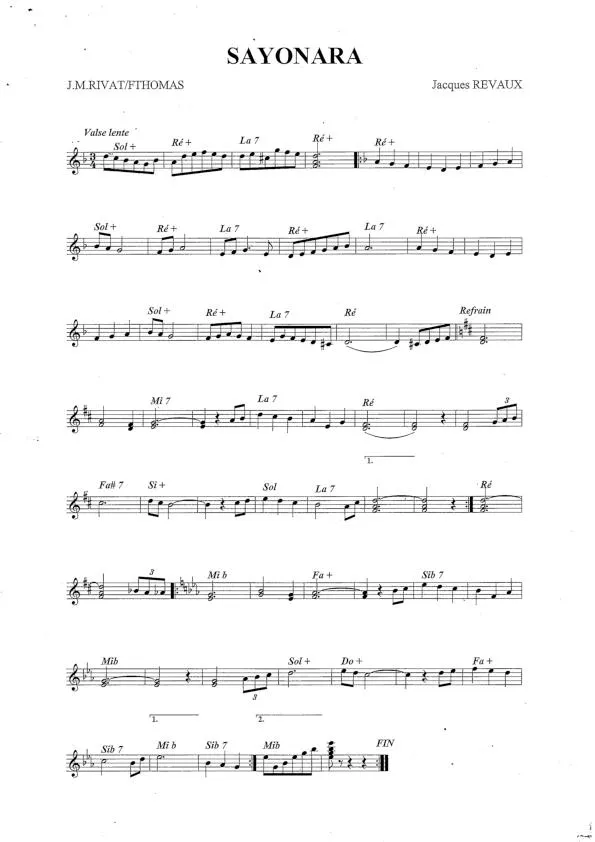 télécharger la partition d'accordéon Sayonara (Chant : Hervé Vilard) (Valse) (Relevé) au format PDF
