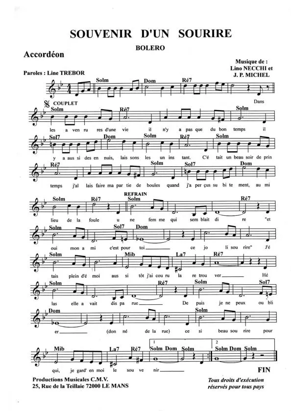 télécharger la partition d'accordéon Souvenir d'un sourire (Boléro) au format PDF