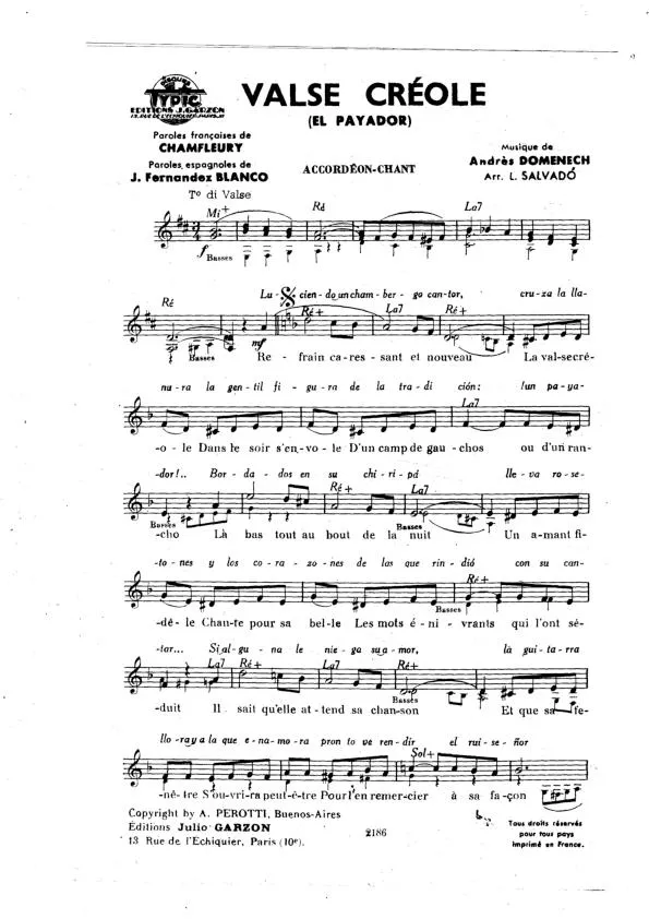 télécharger la partition d'accordéon Valse Créole (El Payador) (Orchestration Complète) (Arrangement : Luis Salvado) au format PDF