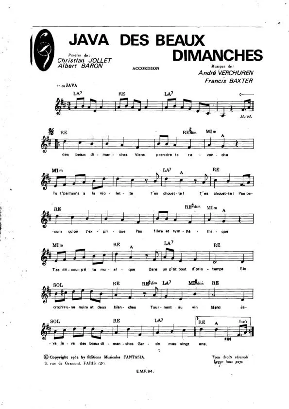 télécharger la partition d'accordéon Java des beaux dimanches (Orchestration Complète) au format PDF