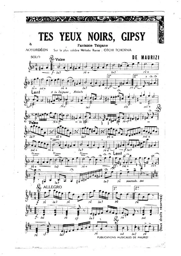 télécharger la partition d'accordéon Tes yeux noirs Gipsy (Sur la célèbre mélodie Russe : Otchi Tchornia) (Fantaisie Tzigane) (Valse) au format PDF