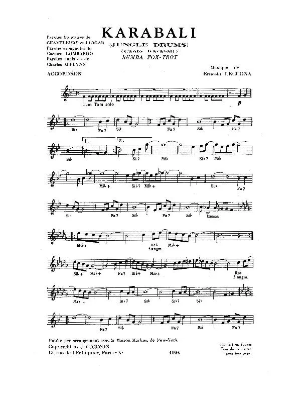 télécharger la partition d'accordéon Karabali (Jungle Drums) (Canto Karabali) (Rumba Fox Trot) au format PDF