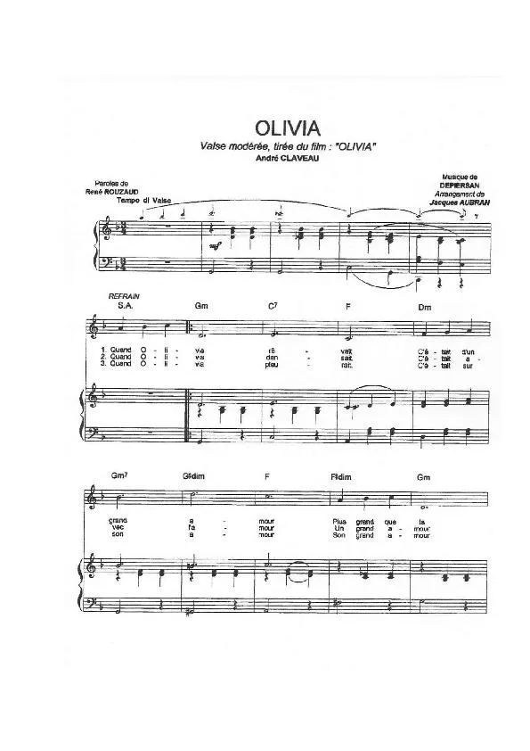 télécharger la partition d'accordéon Olivia (Chant : André Claveau) (Arrangement : Jacques Aubran) (Valse) au format PDF