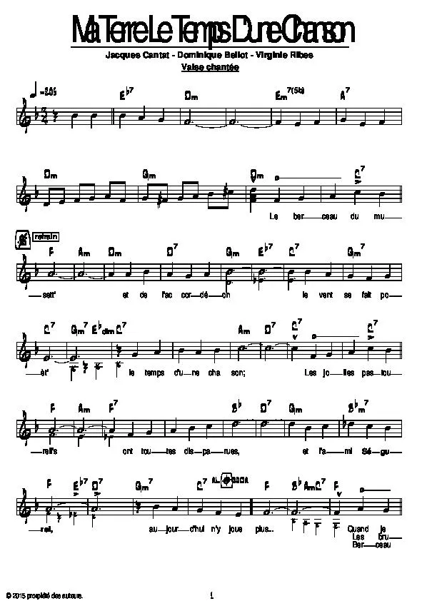 télécharger la partition d'accordéon Ma terre le temps d'une chanson (Valse Chantée) au format PDF