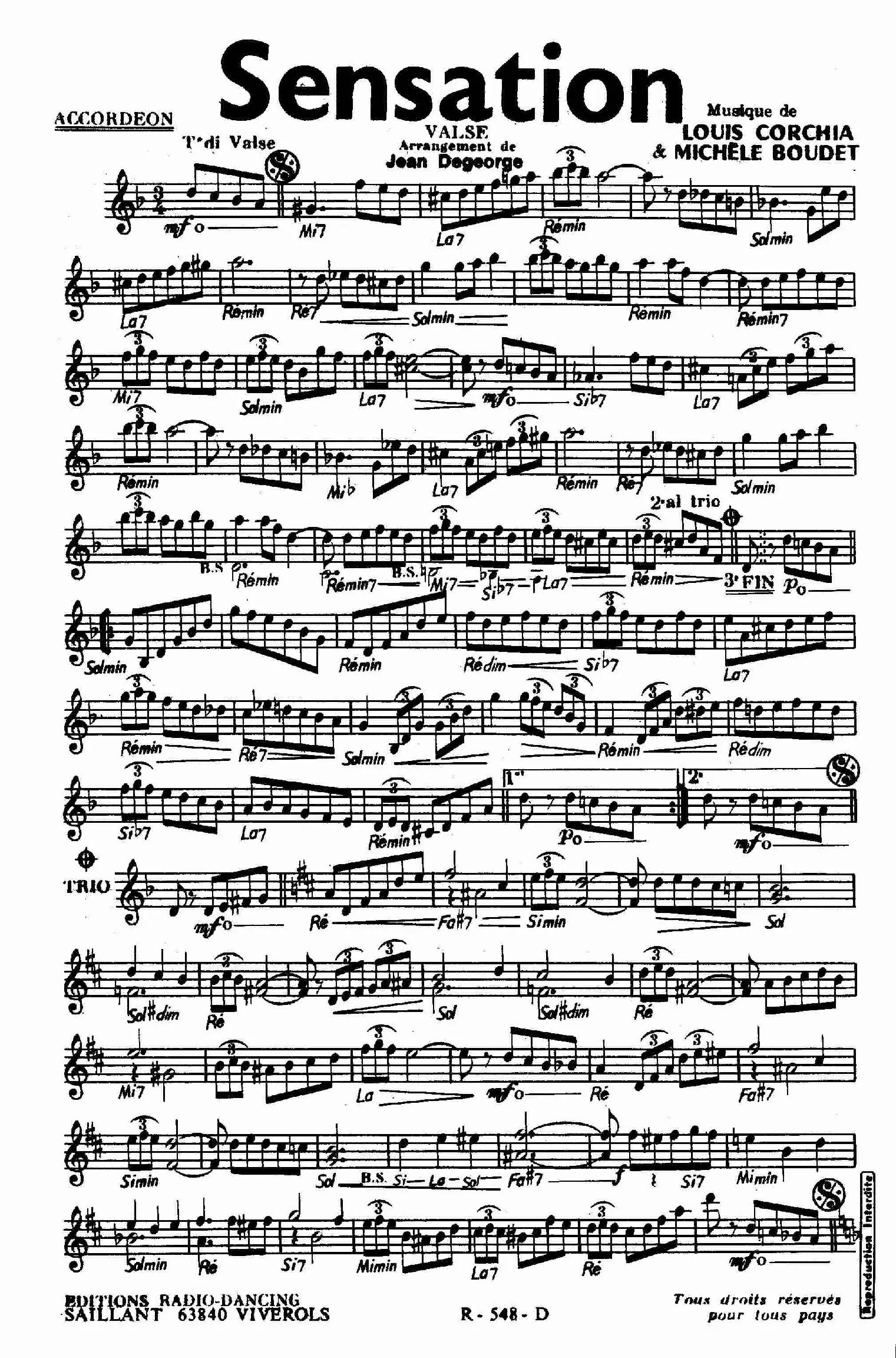 télécharger la partition d'accordéon Sensation (Arrangement : Jean Degeorge) (Valse) au format PDF