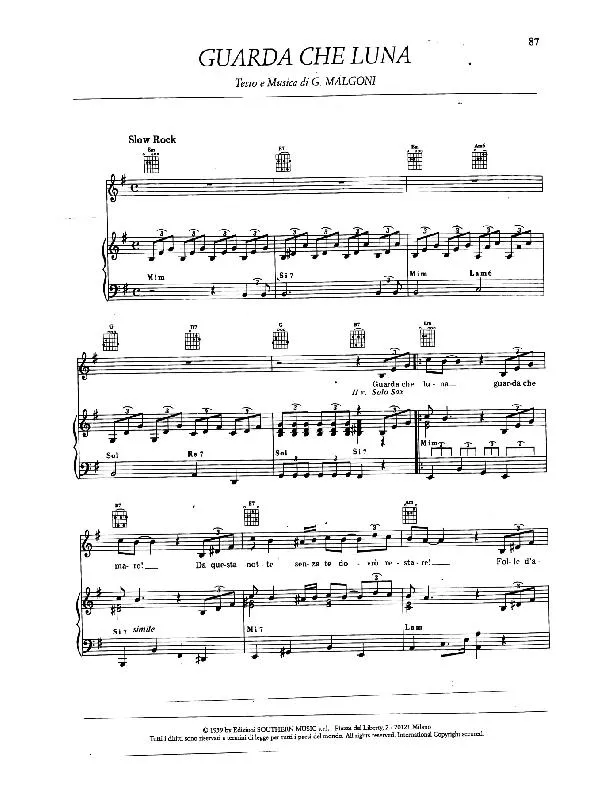 télécharger la partition d'accordéon Guarda Che Luna (Slow Rock) au format PDF