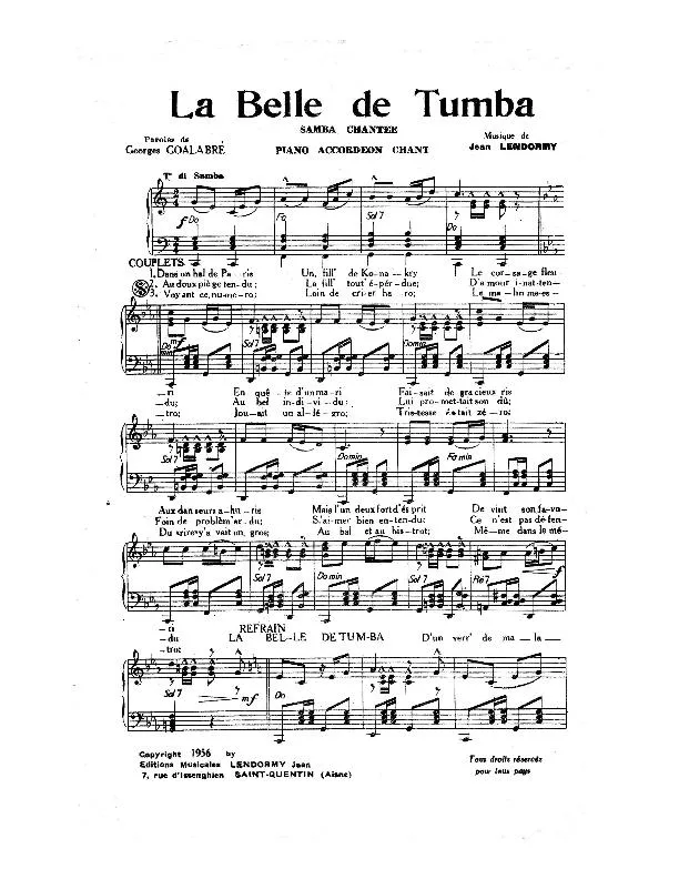 télécharger la partition d'accordéon La belle de Tumba (Samba) au format PDF