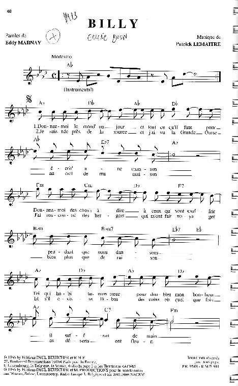 télécharger la partition d'accordéon Billy (Chant : Céline Dion) au format PDF