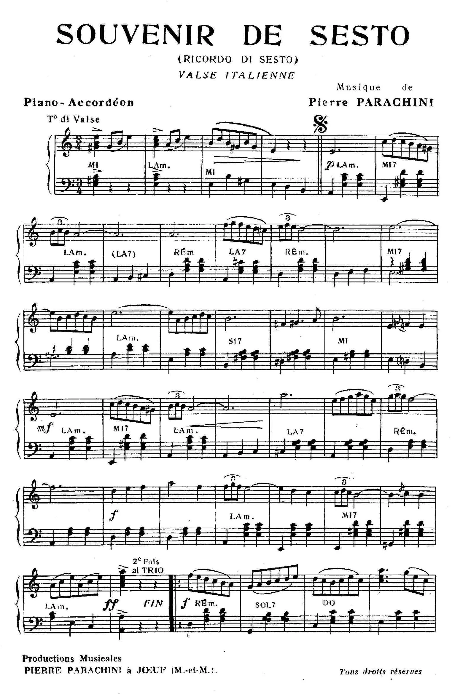 télécharger la partition d'accordéon Souvenir de Sesto (Ricordo di Sesto) (Valse Italienne) au format PDF