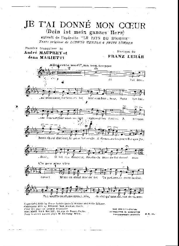 télécharger la partition d'accordéon Je t'ai donné mon cœur (Dein ist mein ganzes Herz) (Extrait de l'Opérette : Le pays du sourire) au format PDF