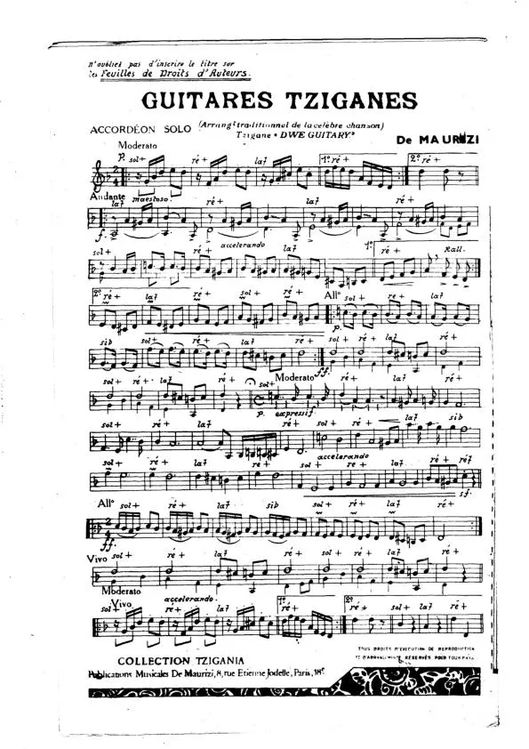 télécharger la partition d'accordéon Guitares Tziganes (Arrangement Traditionnel de la célèbre chanson Tzigane : Dwe Guitary) (Tango) au format PDF