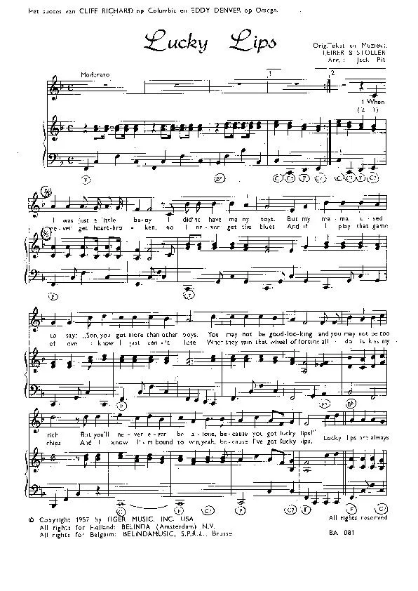 télécharger la partition d'accordéon Lucky Lips (Arrangement : Jack Pit ) (Chant : Cliff Richard & Eddy Denver) au format PDF
