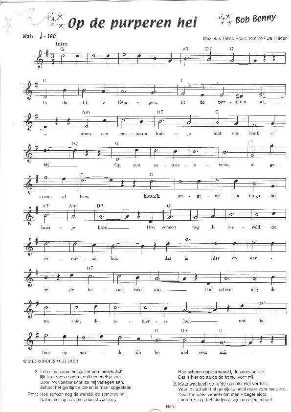 télécharger la partition d'accordéon Op de purperen hei (Chant : Bob Benny) (Valse) au format PDF