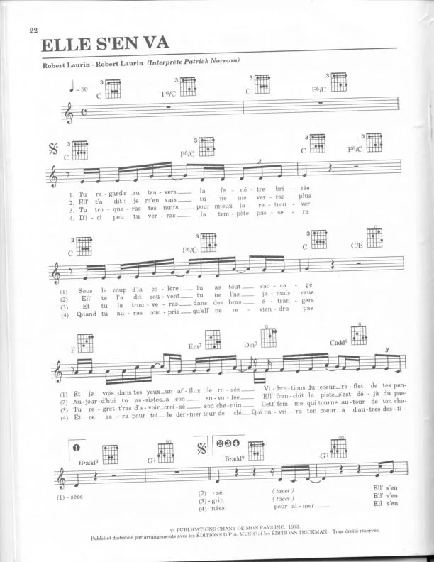télécharger la partition d'accordéon Elle s'en va (Chant : Patrick Norman) au format PDF