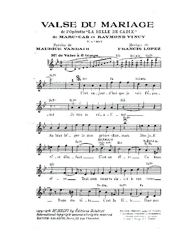 télécharger la partition d'accordéon Valse du mariage (De l'Opérette : La belle de Cadix) au format PDF
