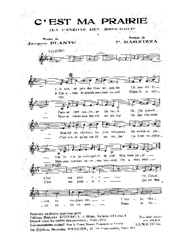 télécharger la partition d'accordéon C'est ma prairie (La canzone del boscaiolo) au format PDF