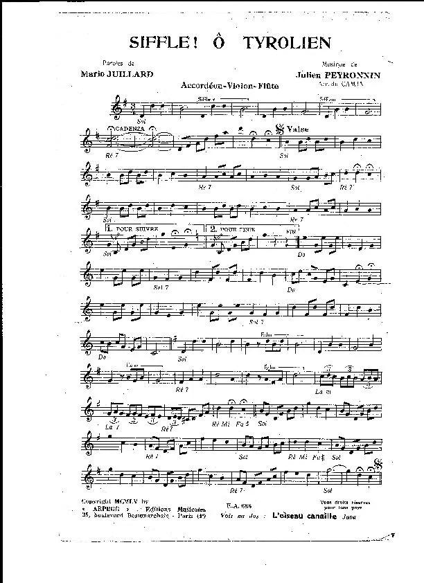télécharger la partition d'accordéon Siffle Ô Tyrolien (Arrangement : Marcel Camia) (Valse) au format PDF