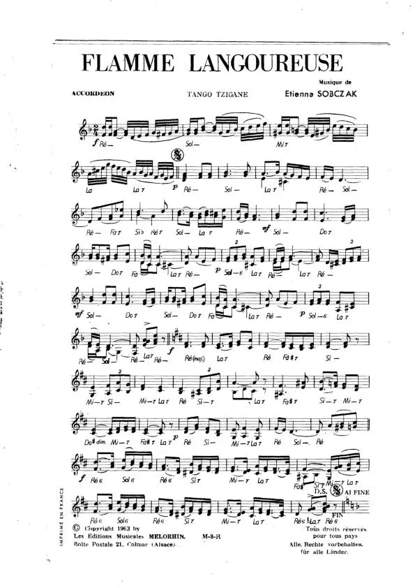 télécharger la partition d'accordéon Flamme langoureuse (Tango Tzigane) au format PDF