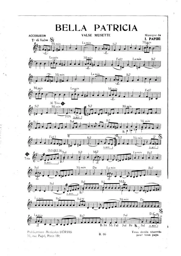 télécharger la partition d'accordéon Bella Patricia (Valse Musette) au format PDF
