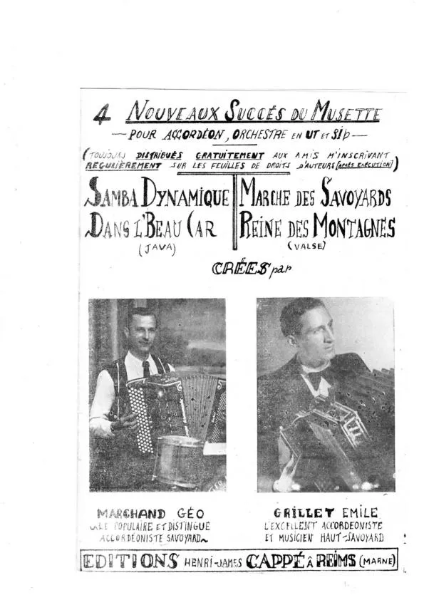 télécharger la partition d'accordéon Recueil : 4 Nouveaux Succès du Musette (Samba dynamique + Dans l' beau car + Marche des Savoyards + Reine des montagnes) (Orchestrations Complètes) au format PDF