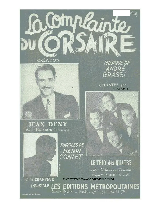 télécharger la partition d'accordéon La complainte du corsaire (Chant : Jean Deny / Le Trio des Quatre / Le Chanteur Invisible) (Valse) au format PDF