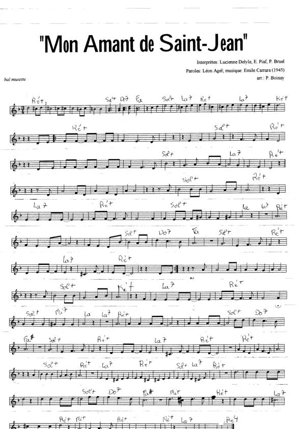 télécharger la partition d'accordéon Mon Amant de Saint Jean (Arrangement : Pierre Boinay) (Version Bruel) au format PDF