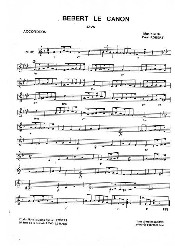 télécharger la partition d'accordéon Bébert le canon (Java) au format PDF
