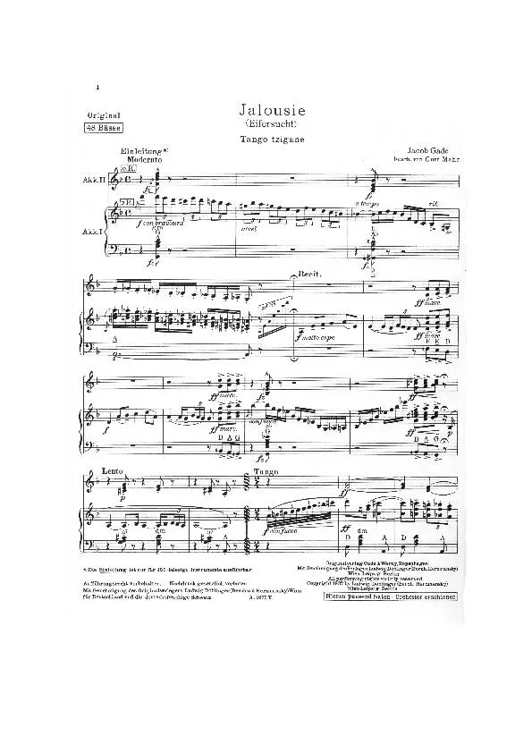 télécharger la partition d'accordéon Jalousie (Eifersucht) (Accordéon I + Accordéon II) (Arrangement : Curt Mahr) (Original : 48 Bässe) (Tango Zigane) au format PDF