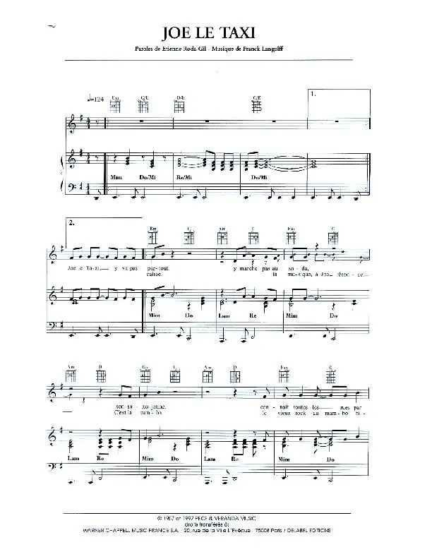 télécharger la partition d'accordéon Joe le taxi (Chant : Vanessa Paradis) au format PDF