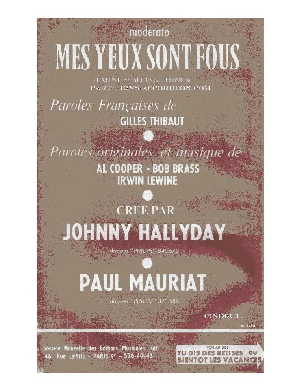 télécharger la partition d'accordéon Mes yeux sont fous (I must be seeing things) (Chant : Johnny Hallyday) (Orchestration Complète) (Slow) au format PDF