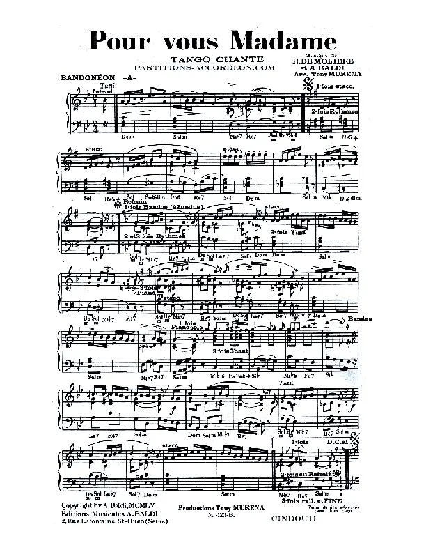 télécharger la partition d'accordéon Pour vous Madame (Arrangement : Tony Muréna) (Orchestration) (Tango Chanté) au format PDF