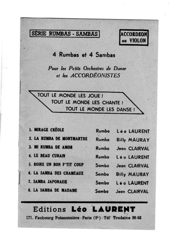télécharger la partition d'accordéon Recueil : 4 Rumbas + 4 Sambas (Orchestration) (Mirage Créole + La rumba de Montmartre + Mi rumba de amor + Le beau Cubain + Boire un petit coup + La samba des chameaux + Samba Japonaise + la samba de Madame) au format PDF