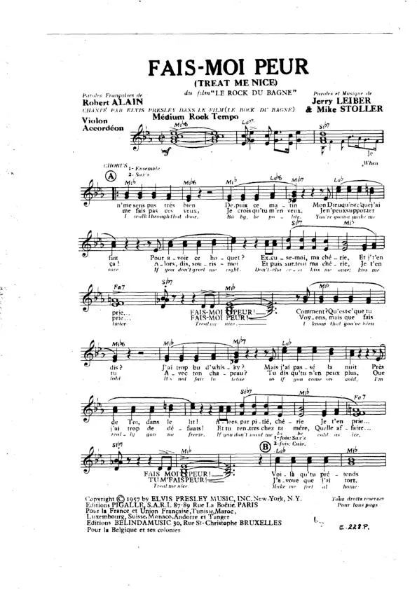 télécharger la partition d'accordéon Fais moi peur (Streat me nice) (Du film : Le rock du bagne) (Chant : Elvis Presley) (Orchestration) (Rock) au format PDF