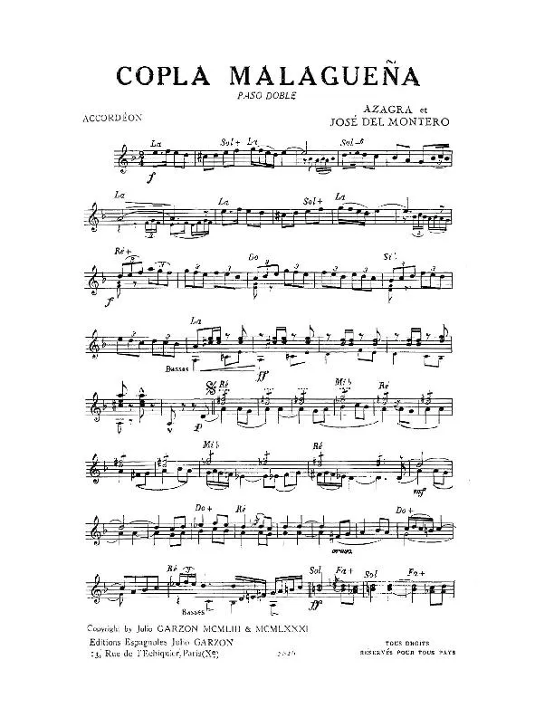 télécharger la partition d'accordéon Copla Malagueña (Paso Doble) au format PDF