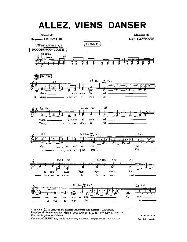 télécharger la partition d'accordéon Allez viens danser (Samba) au format PDF
