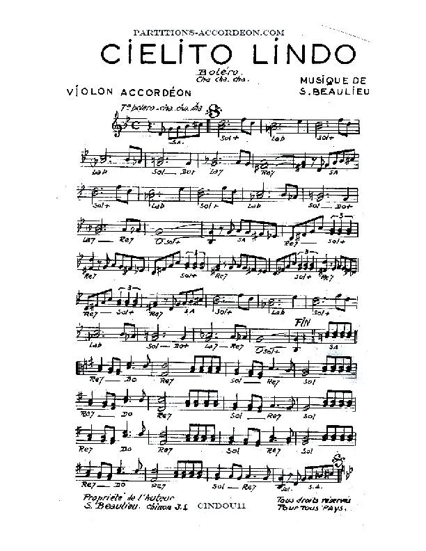 télécharger la partition d'accordéon Cielito Lindo (Boléro Cha Cha Cha) au format PDF