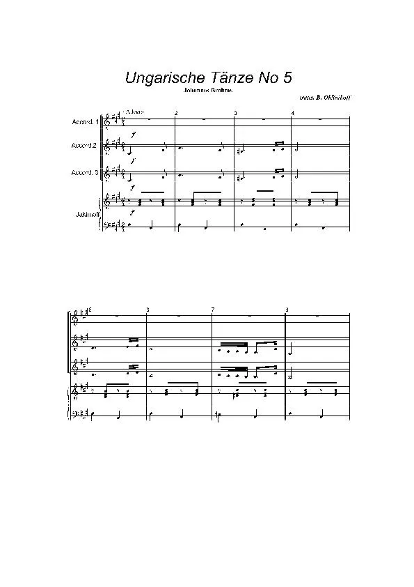 télécharger la partition d'accordéon Ungarische Tänze n°5 (Transcription : Benjamin Oleinikoff) (1er + 2ème + 3ème Accordéon + Piano) au format PDF