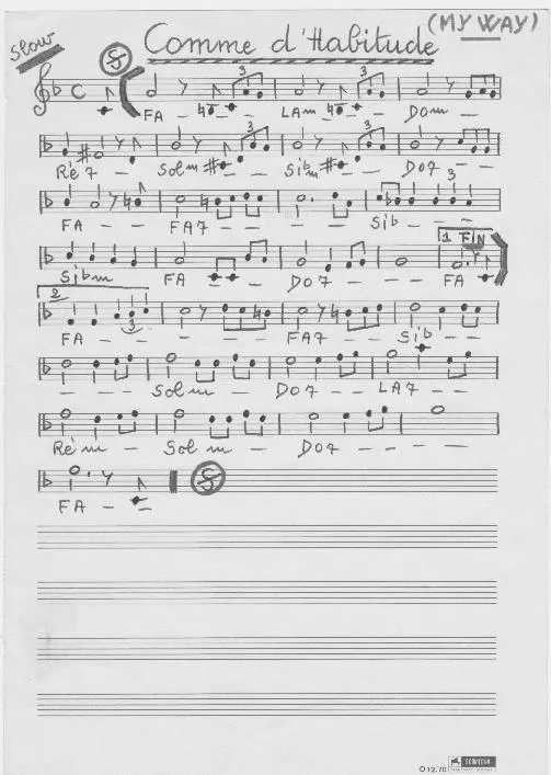 télécharger la partition d'accordéon Comme d'habitude (My Way) (Slow) (Manuscrite Simplifiée Manuscrite) au format PDF