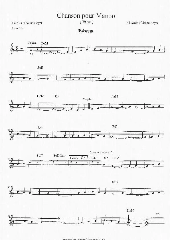 télécharger la partition d'accordéon Chanson pour Manon (Valse) au format PDF