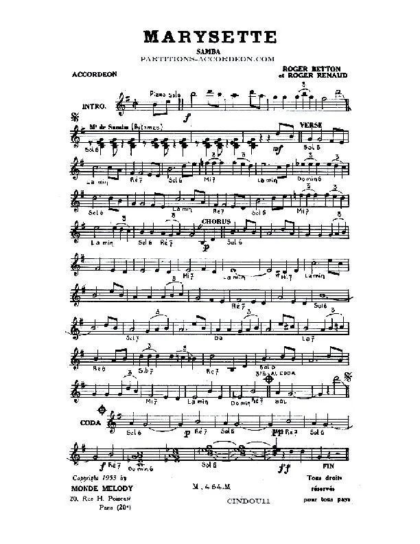 télécharger la partition d'accordéon Marysette (Samba) au format PDF