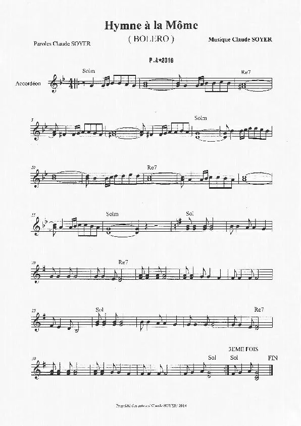 télécharger la partition d'accordéon Hymne à la Môme (Boléro) au format PDF