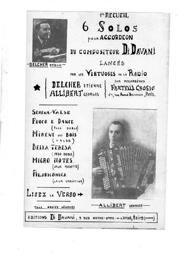 télécharger la partition d'accordéon 1er Recueil : 6 Solos pour Accordéon du compositeur Di Davani lancés par les Virtuoses de la Radio : (Seréna Valse + Fueco e dance + Mirène des bois + Bella Térèsa + Micro notes + Filarmonica ) (Valse + Paso Doble + Valse + Paso Doble + Java Musette + Jav au format PDF